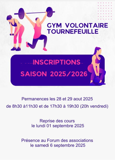 Permanences les 28 et 29 aout 2025 de 8h30 à11h30 et de 17h30 à 19h30 (20h vendredi)  Reprise des cours le lundi 01 septembre 2025  Présence au Forum des associations le samedi 6 septembre 2025